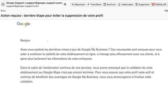 Mail frauduleux phishing Google My Business