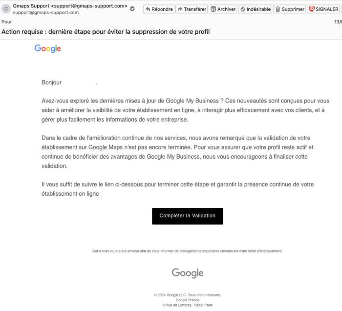 Mail frauduleux phishing Google My Business
